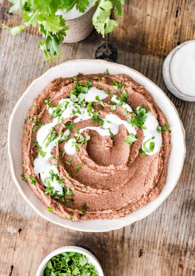 A bowl of vegan black bean dip.