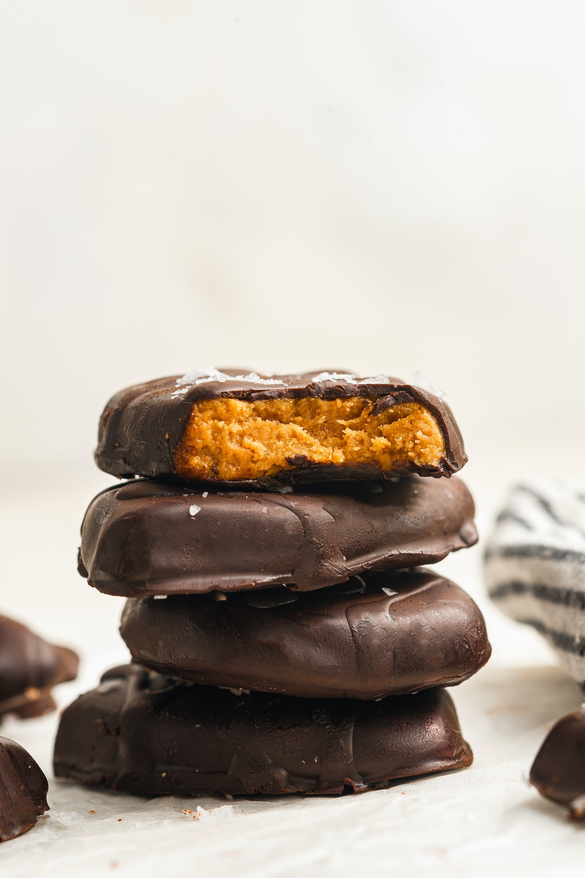 A stack of chocolate peanut butter eggs.