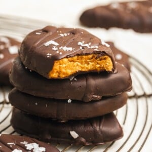 A stack of chocolate peanut butter eggs.