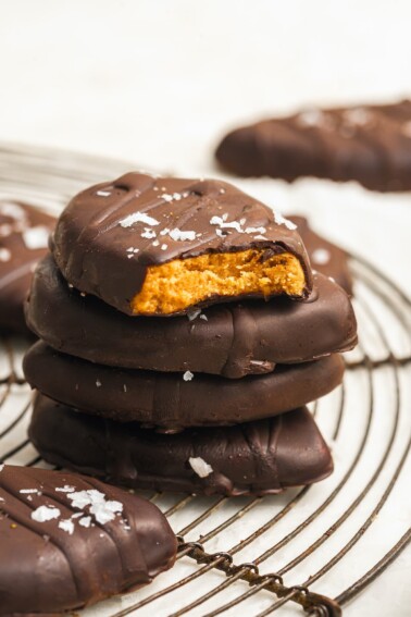 A stack of chocolate peanut butter eggs.