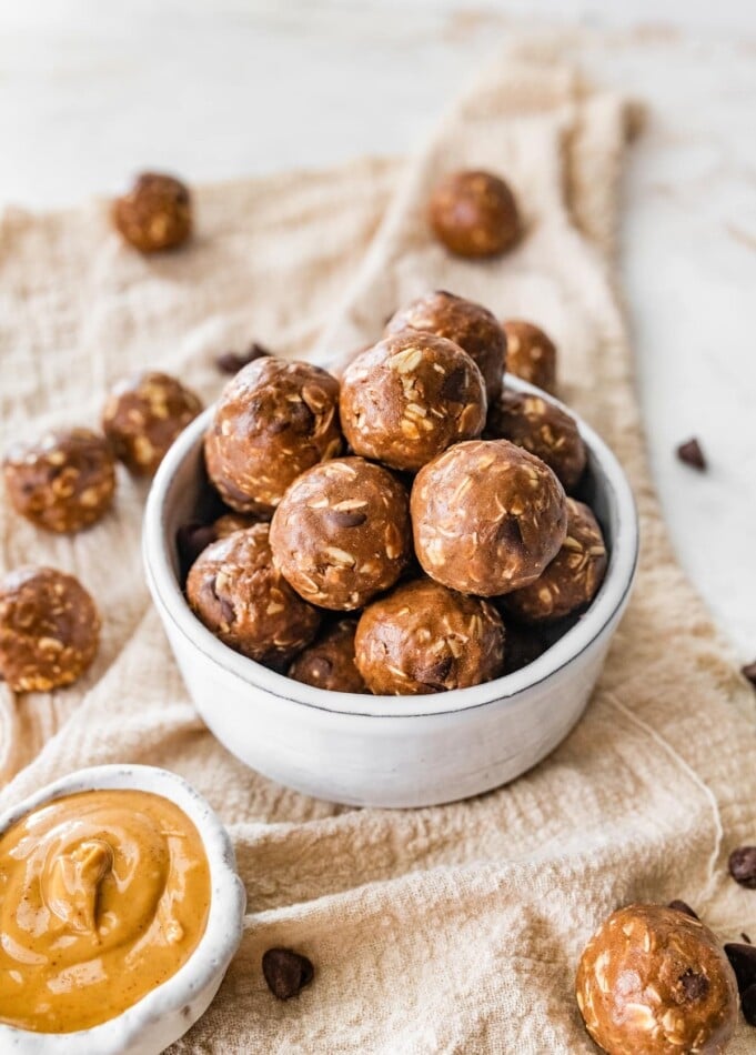 A bowl of chocolate peanut butter protein balls.