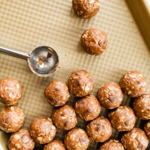 Protein balls on a sheet pan.