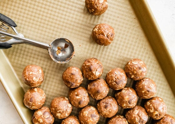 Protein balls on a sheet pan.