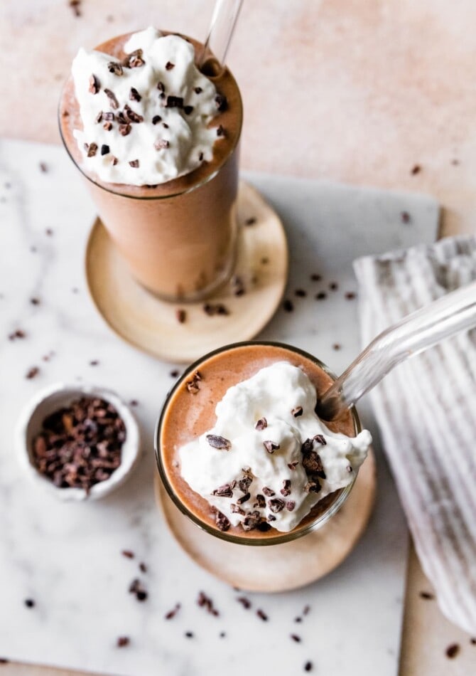 Two chocolate protein shakes.