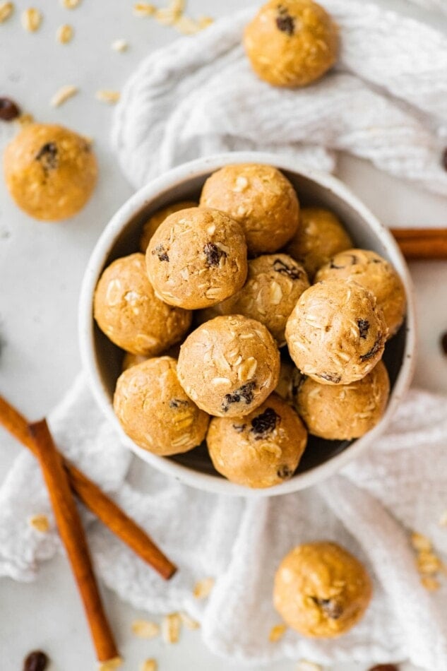 A bowl of cinnamon raisin protein balls.