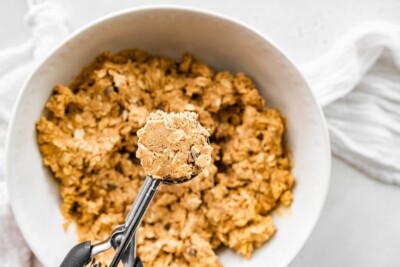 Using a cookie scoop to shape protein balls.