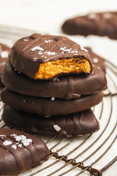 A stack of chocolate peanut butter eggs.