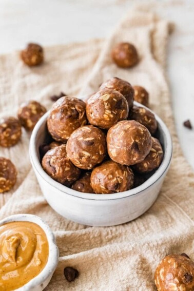 A bowl of chocolate peanut butter protein balls.