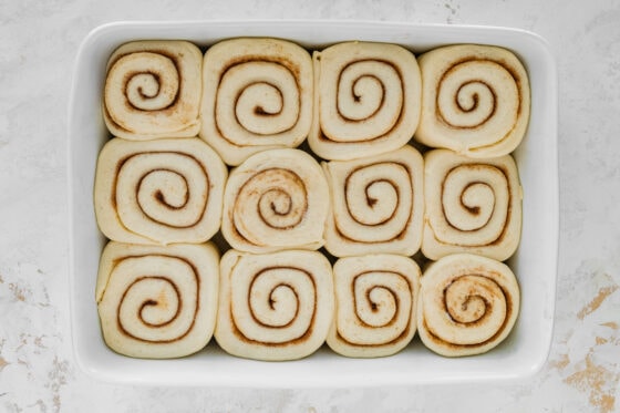 Cinnamon rolls after proofing in a baking dish.