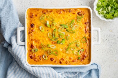 Healthy buffalo chicken dip in a baking dish.
