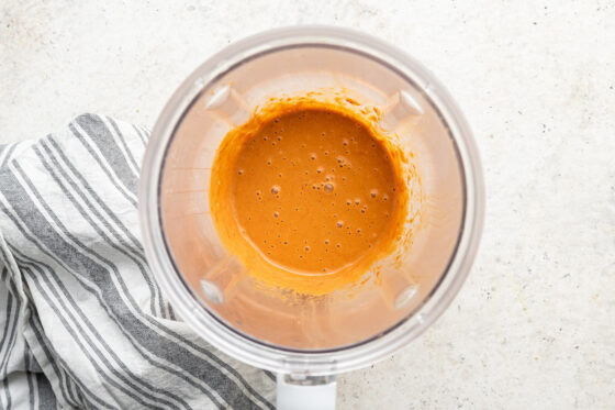 Red pepper miso vinaigrette in a high powered blender.