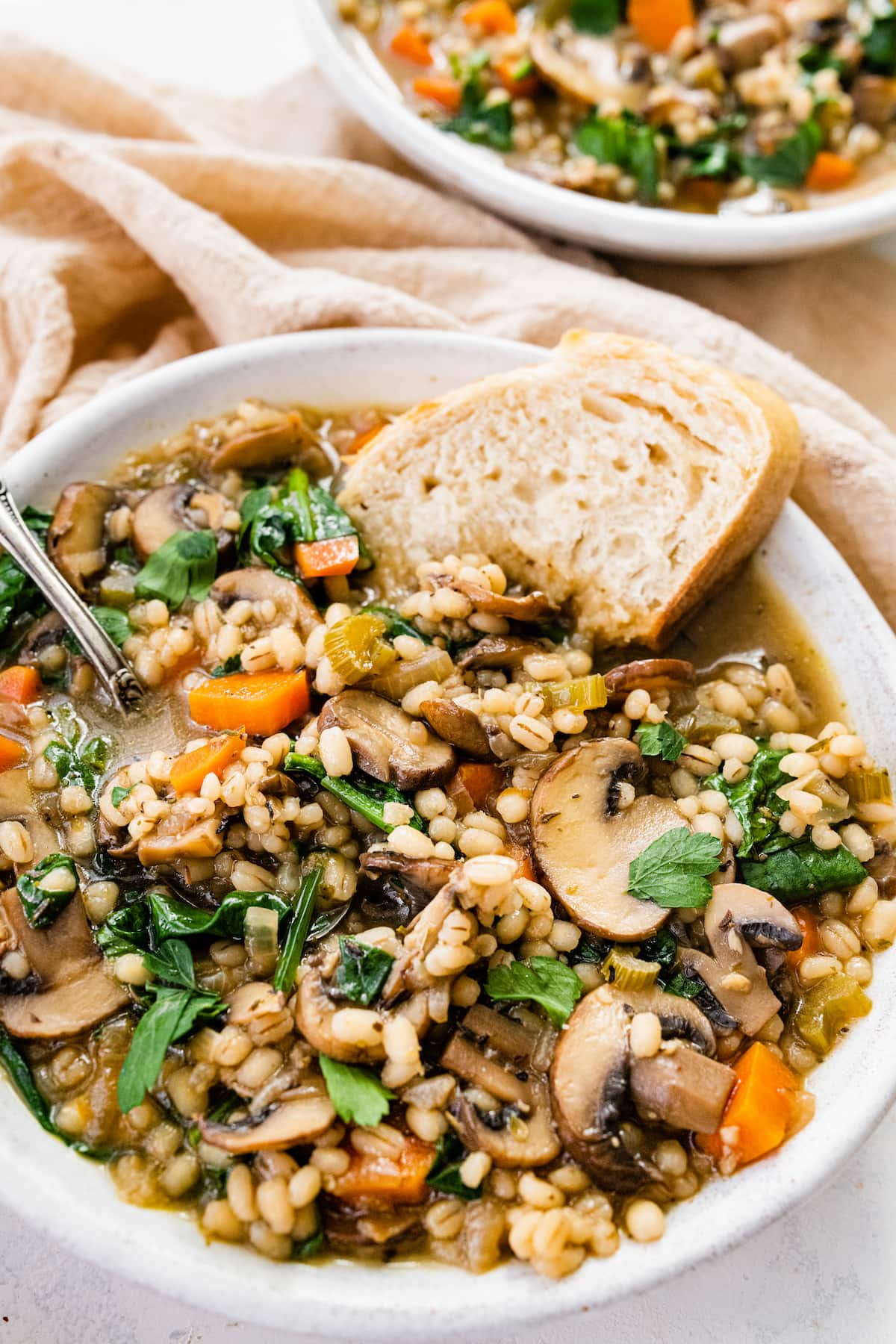 Mushroom barley soup in a bowl with bread.