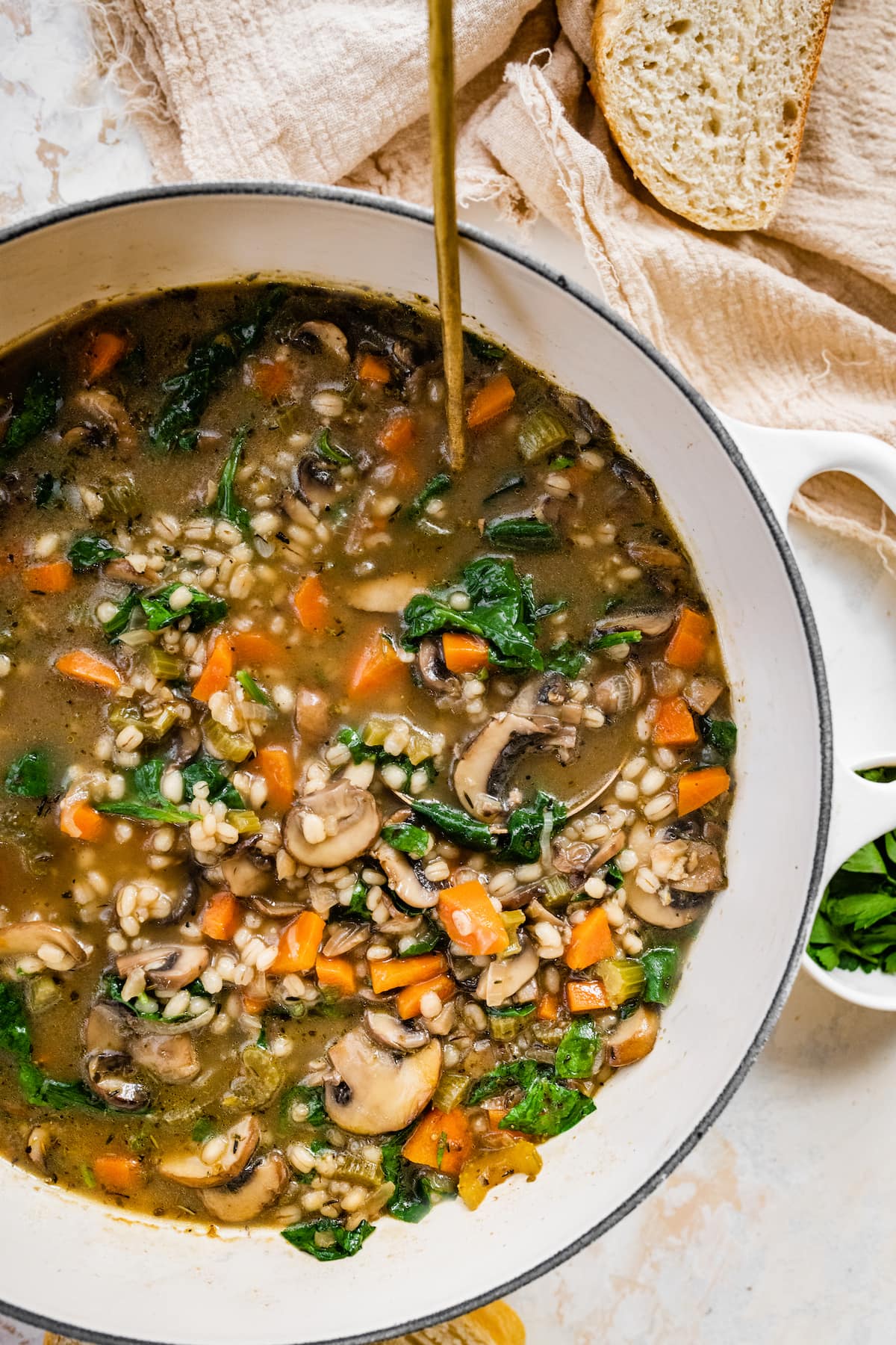 A pot of mushroom barley soup.