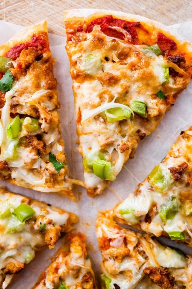 Slices of protein pizza close up.