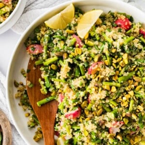 Spring quinoa salad in a serving bowl.