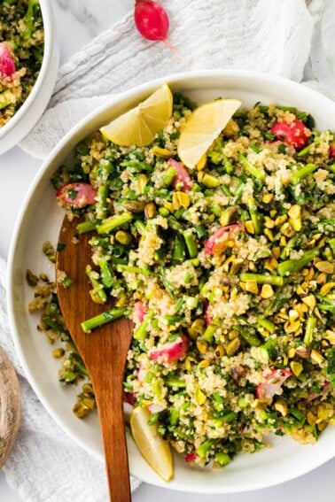 Spring quinoa salad in a serving bowl.