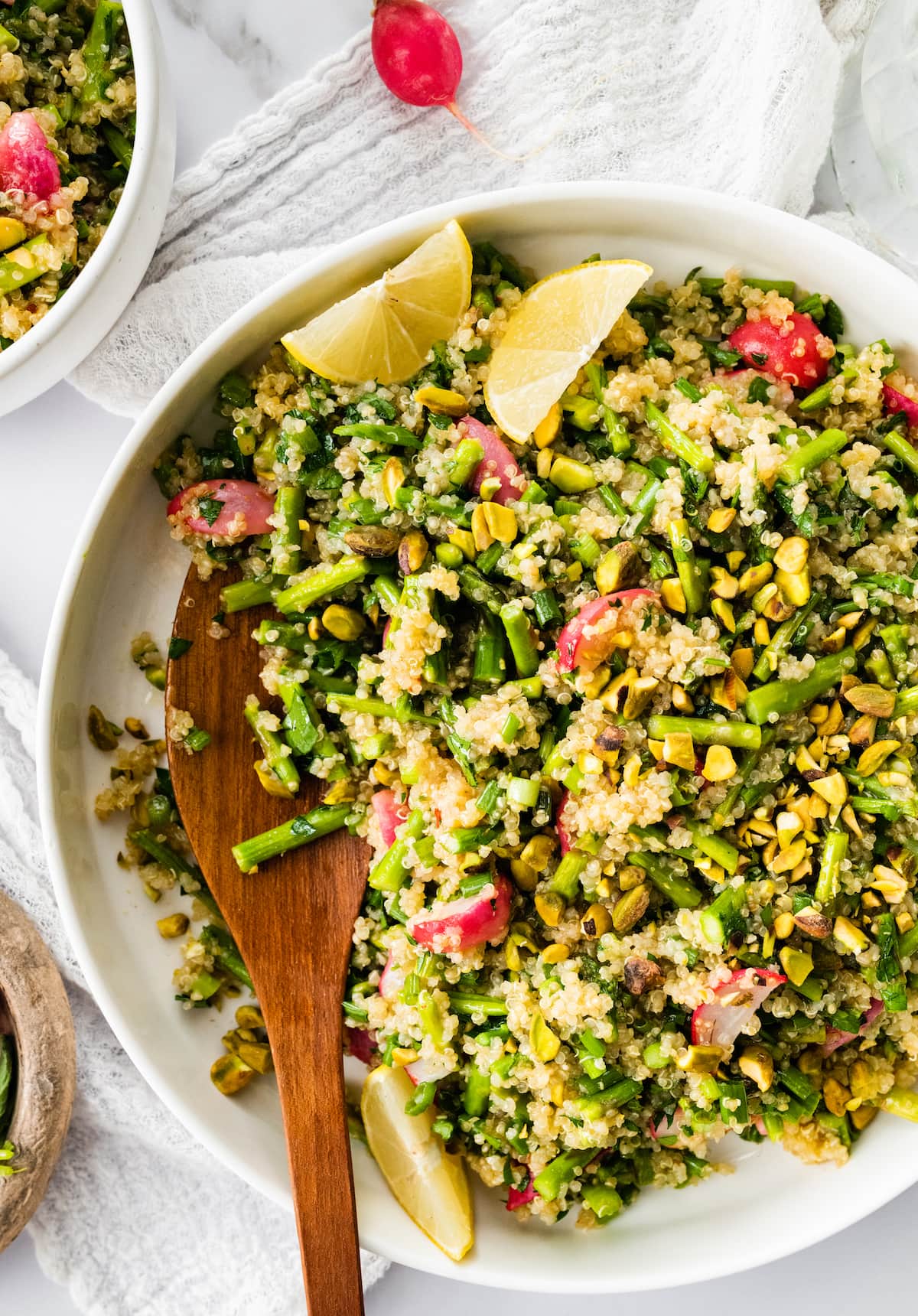 Spring quinoa salad in a serving bowl.