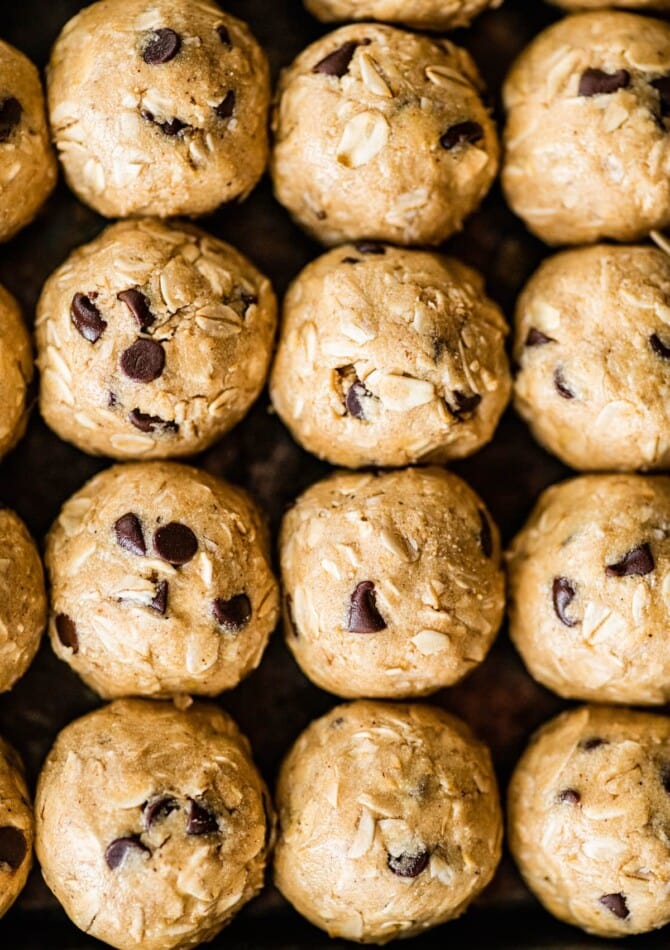 Rows of tahini chocolate chip protein balls.