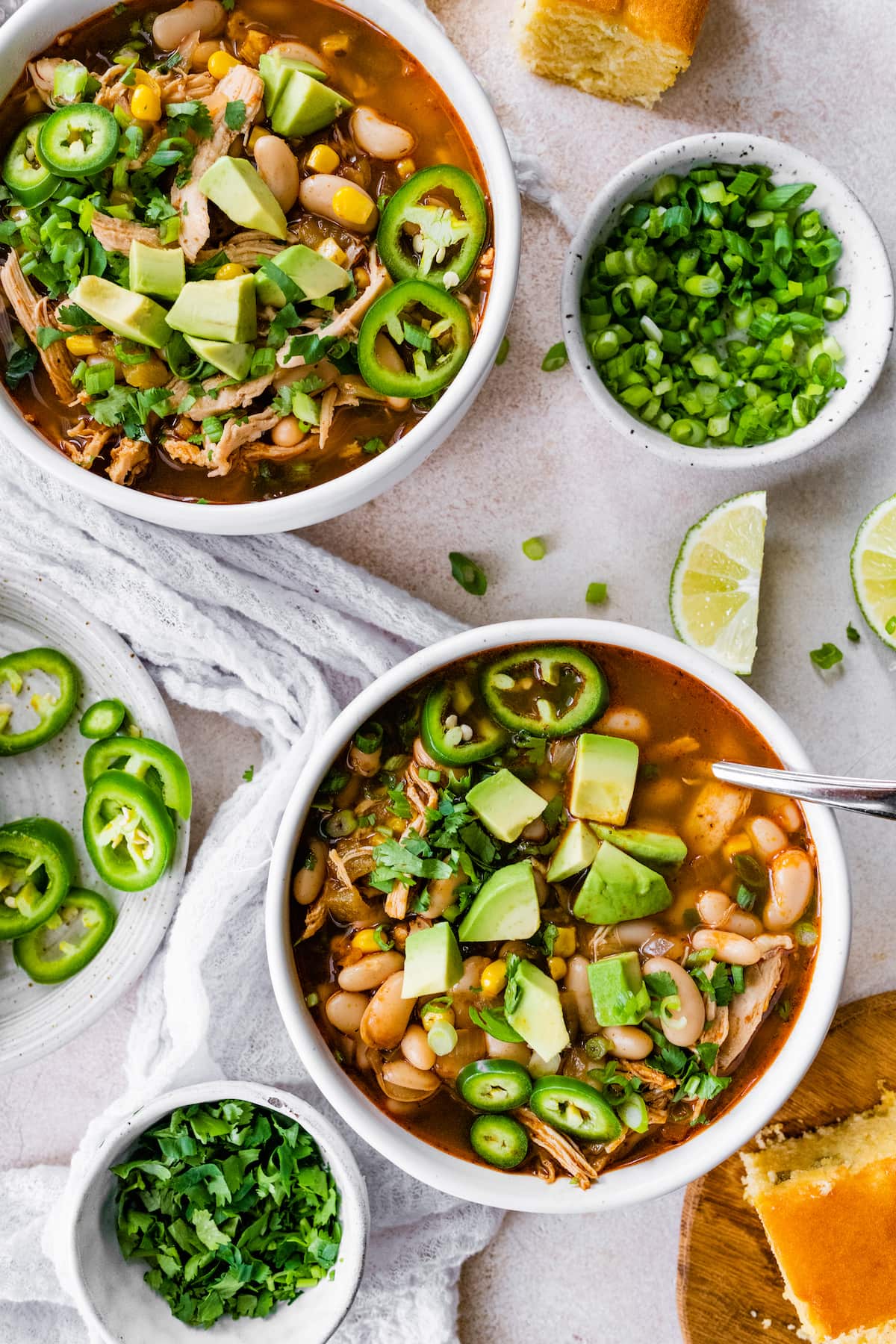 Two bowls of white bean chicken chili.