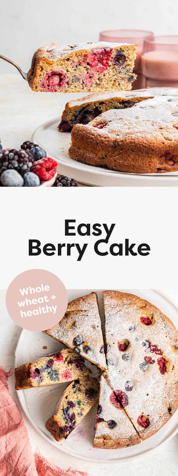 Spatula lifting a slice of berry cake. Photo below is of the cake with a couple slices cut.