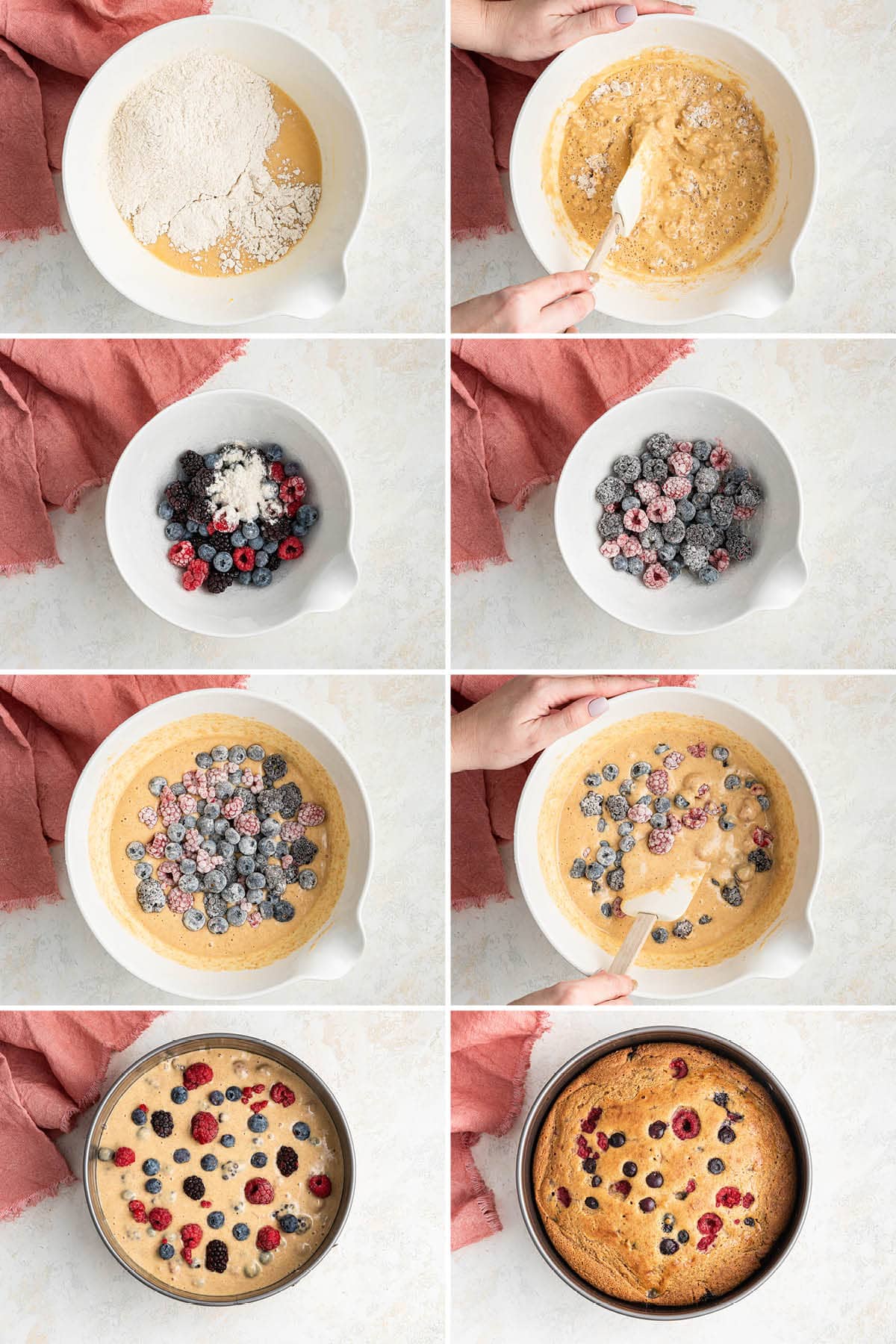 Collage of 8 photos showing the steps to make Easy Berry Cake-- mixing the batter, stirring in the berries and then baking in a cake tin.