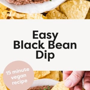A bowl of vegan black bean dip served with tortilla chips.