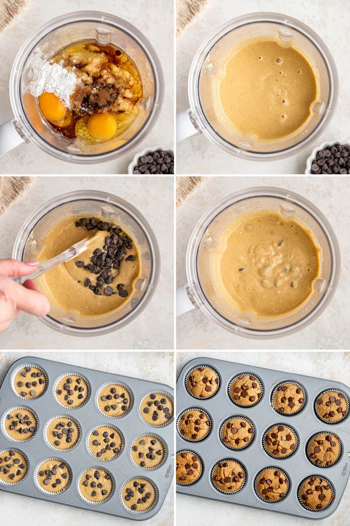Collage of six photos showing the steps to make Banana Blender Muffins, from blending the batter in a blender to baking in a muffin tin.