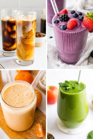 Collage of four photos: cold brew, vegan protein shake, clementine smoothie and a green smoothie.