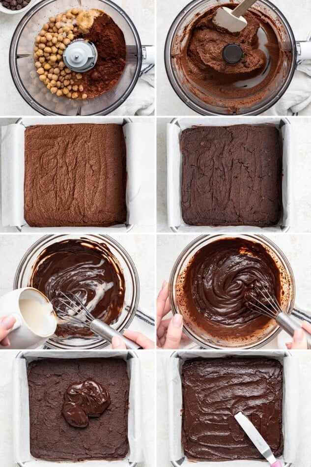 Collage of 8 photos showing the steps to make Chickpea Brownies: blending the batter, baking the brownies, making a chocolate ganache and spreading it on top of the brownies.