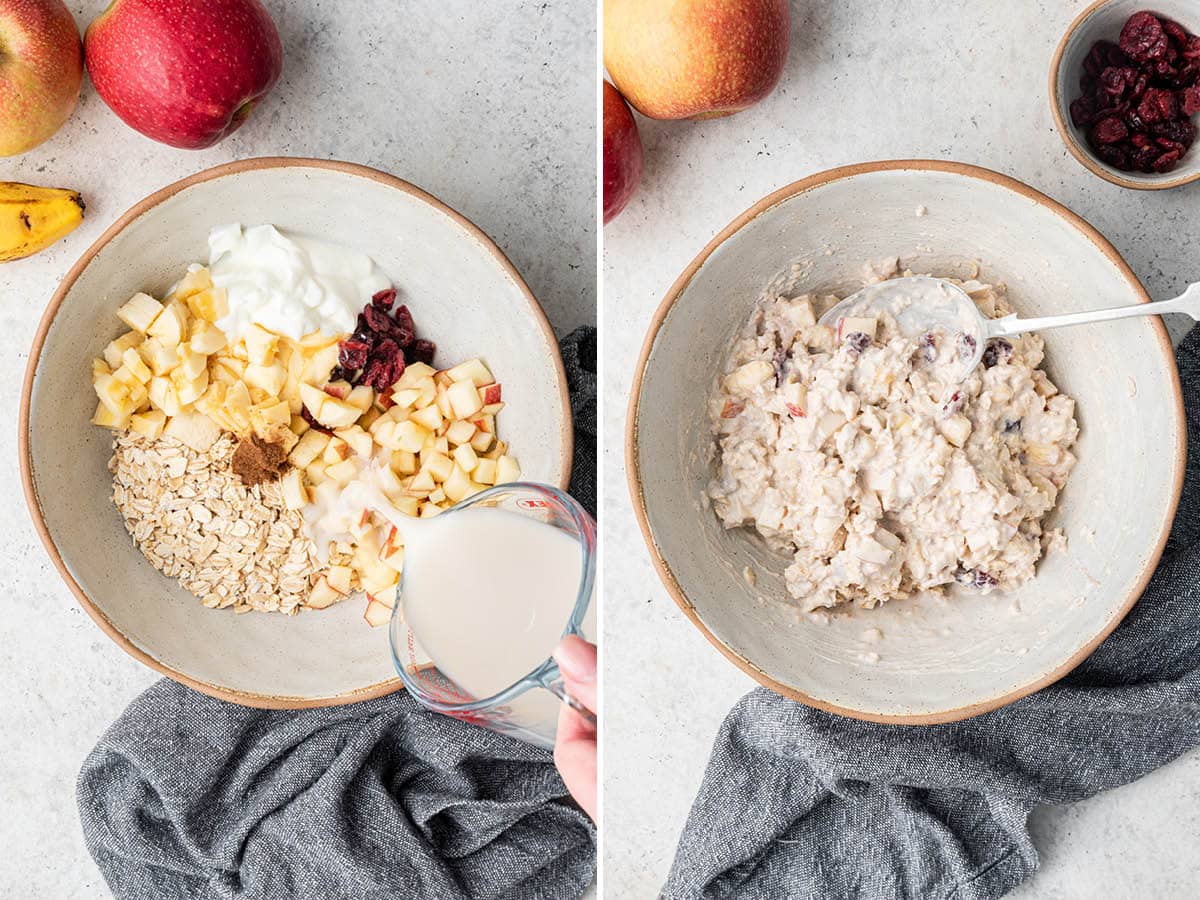 Side by side photos of how to make Chilled Swiss Oatmeal: mixing yogurt, oats, milk and fruit together to set.