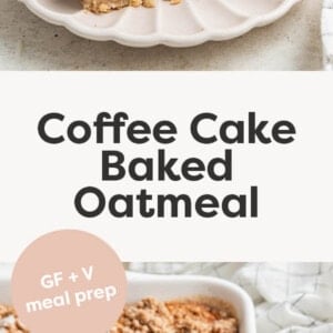 Top photo is a slice of coffee cake baked oatmeal. Photo below is of a spoon drizzling icing on top of coffee cake baked oatmeal.