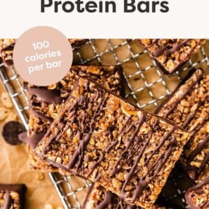 Crunchy Protein Bars drizzled with chocolate.