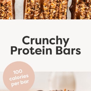 Crunchy Protein Bars. Some bars are on parchment paper and some are stacked.