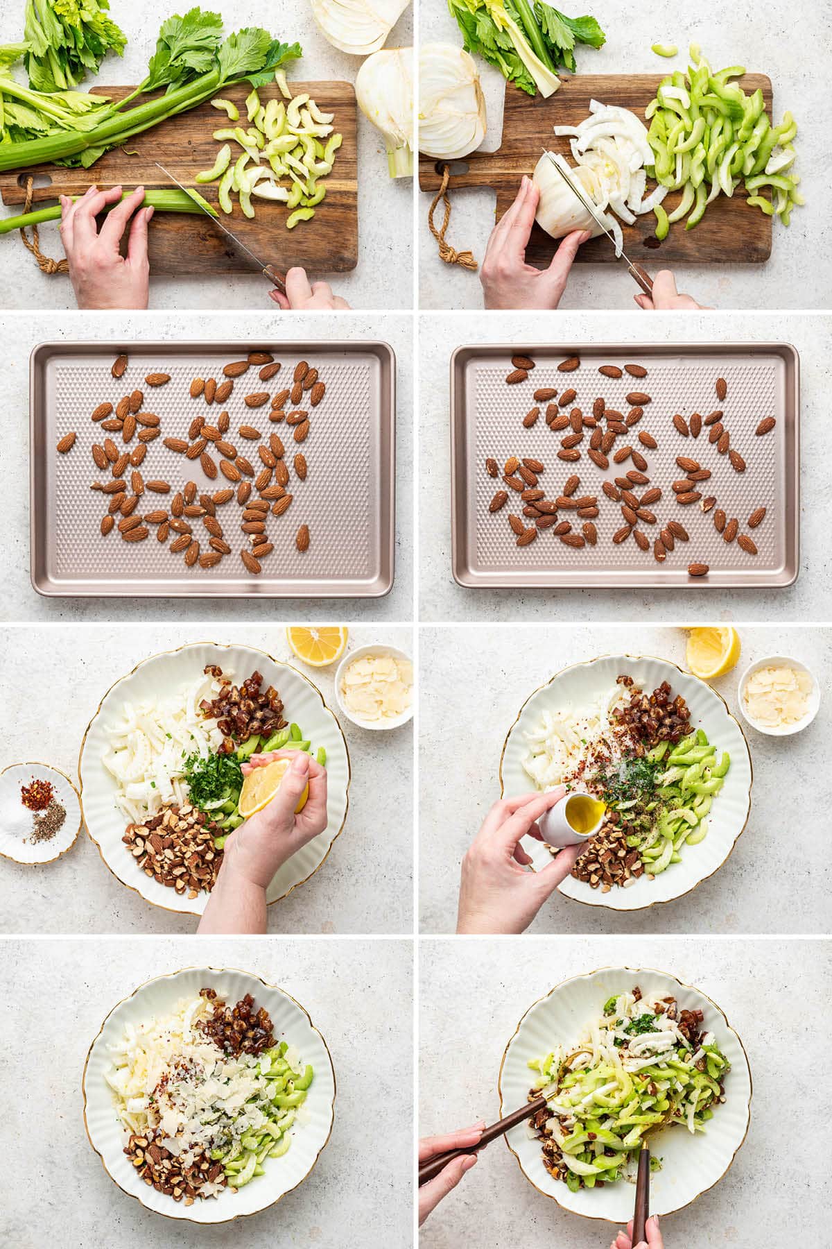 Collage of 8 photos showing to steps to make Fennel and Celery Salad: chopping the veggies, toasting the almonds and then tossing the salad with lemon, oil and spices.