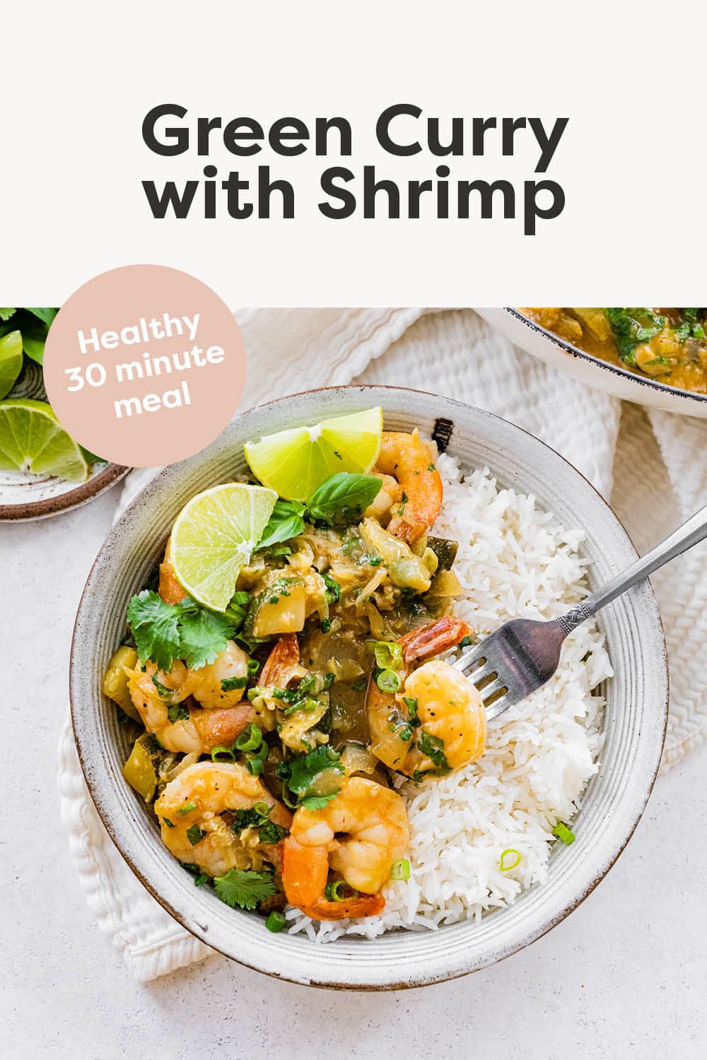 Bowl of green curry shrimp and rice.