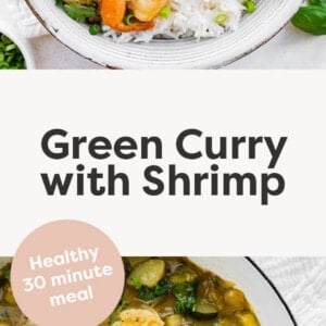 Bowl of green curry shrimp and rice. Photo below is of the shrimp green curry in a pot.