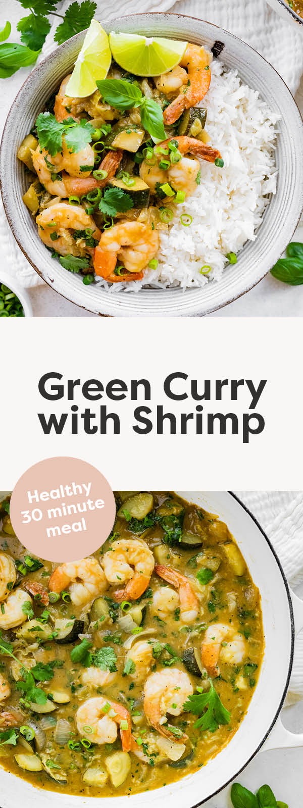 Bowl of green curry shrimp and rice. Photo below is of the shrimp green curry in a pot.