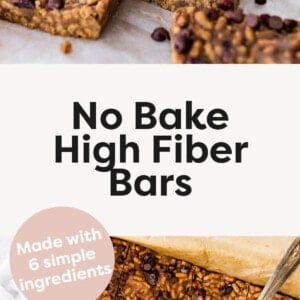 A stack of no bake high fiber bars. Below is a photo of the high fiber bars in a pan.