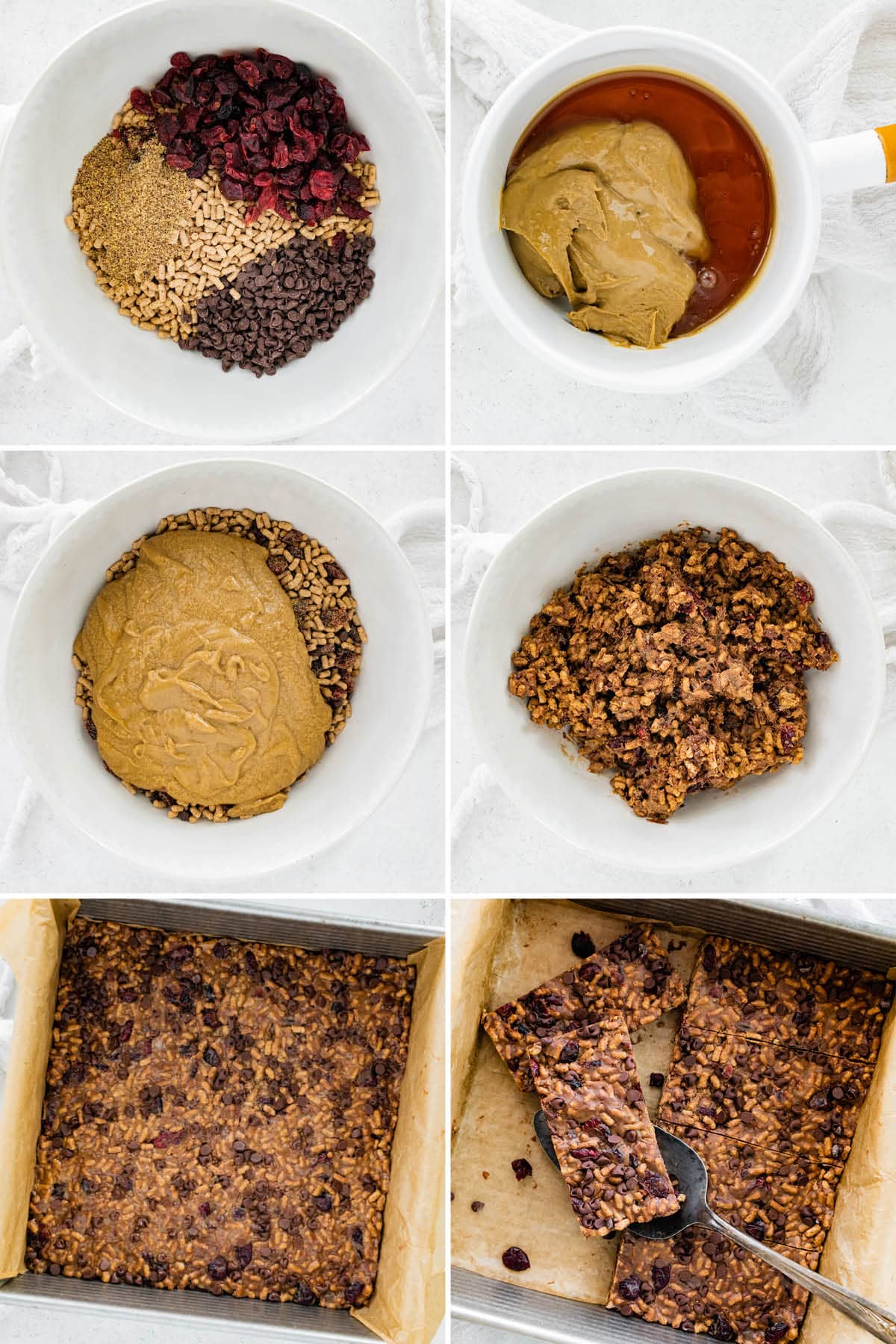 Collage of 6 images showing how to make No Bake High Fiber Bars: mixing the cereal, cranberries and chocolate chips with a honey Sunbutter mixture and then pressing into a pan to set and cut into bars.