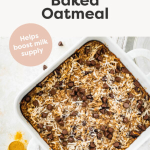 Pan of lactation baked oatmeal topped with coconut and chocolate chips.