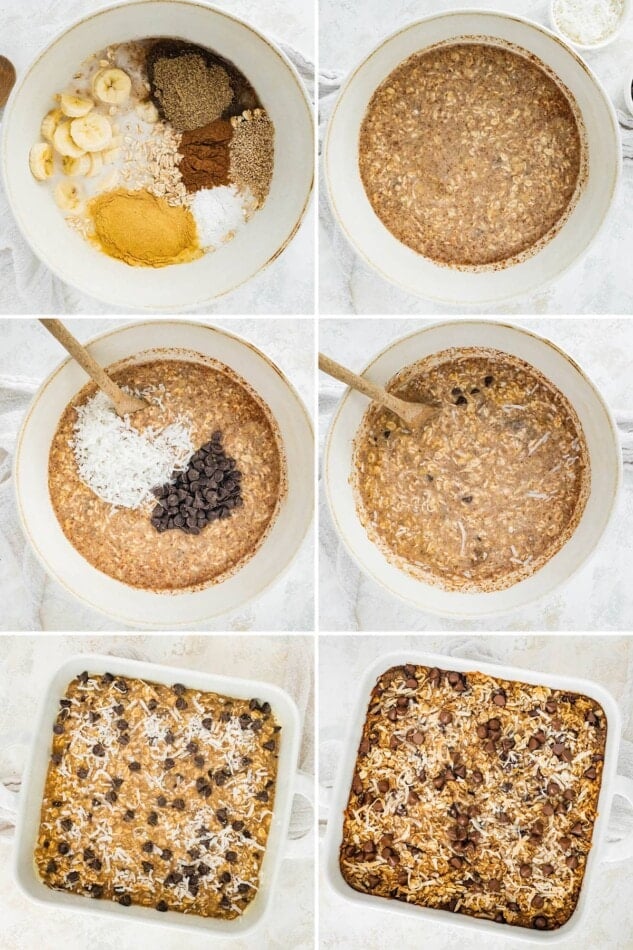 Collage of six photos showing the steps to make Lactation Baked Oatmeal: mixing the oatmeal mixture and baking in a pan topping with coconut and chocolate chips.