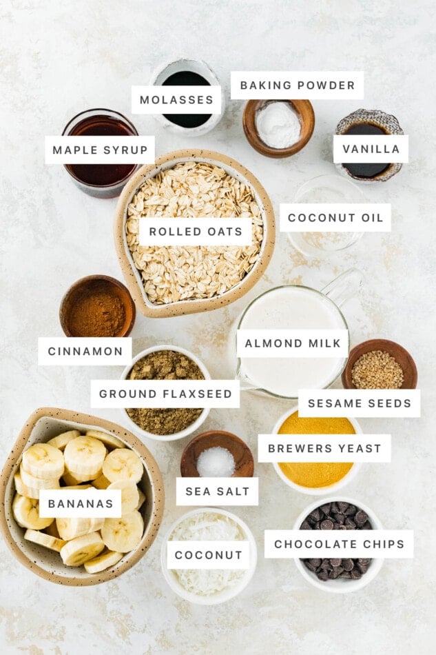 Ingredients measured out to make Lactation Baked Oatmeal: maple syrup, molasses, baking powder, vanilla, rolled oats, coconut oil, cinnamon, ground flaxseed, almond milk, sesame seeds, bananas, sea salt, brewers yeast, coconut and chocolate chips.