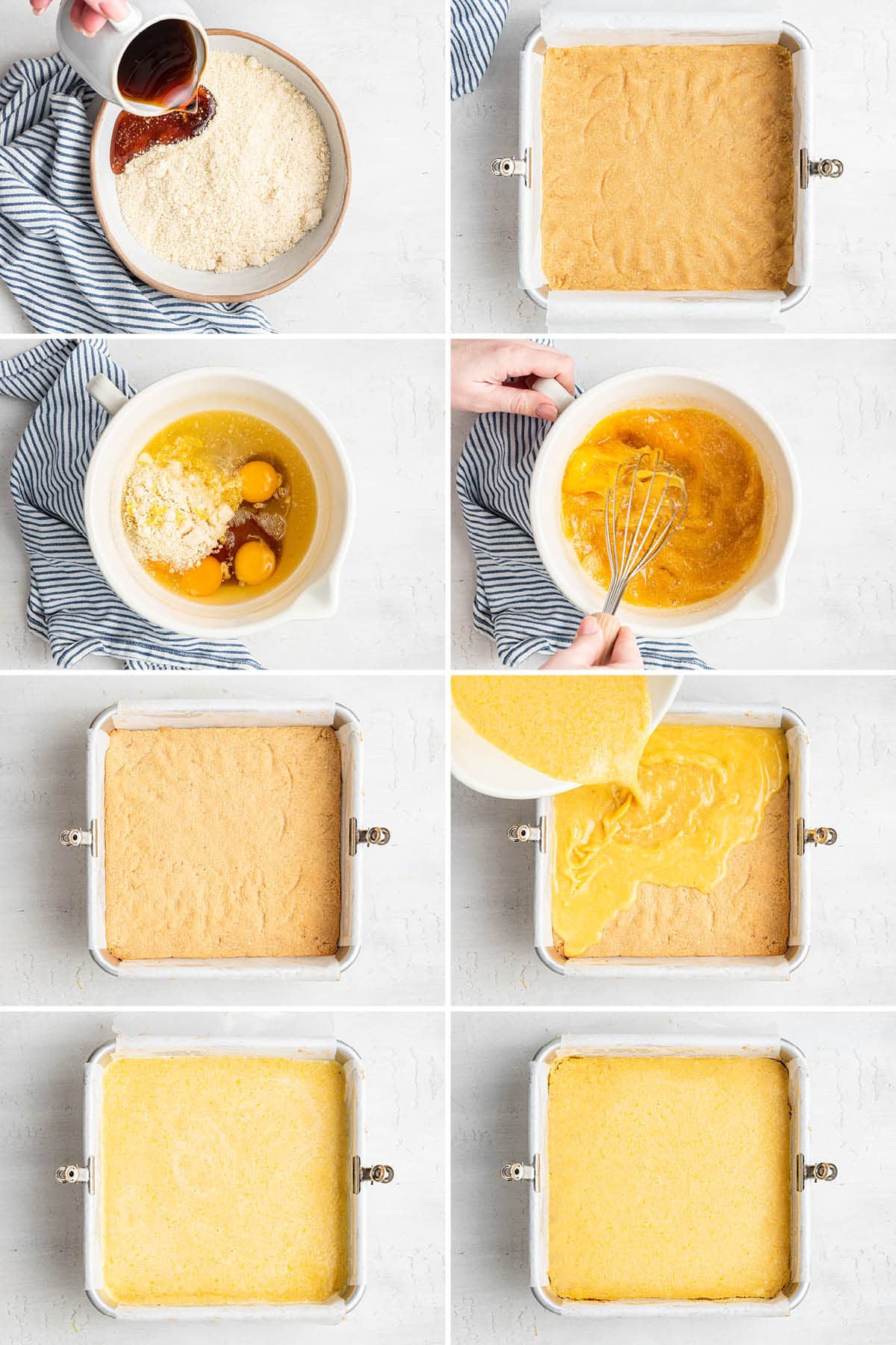 Collage of 8 photos showing the steps to make Healthy Lemon Bars: whisking the filling, baking the crust and then baking the bars with the filling added.