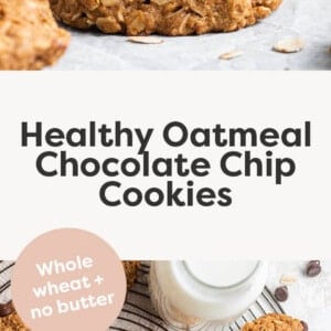 Stack of three oatmeal chocolate chip cookies. Photo below is of the cookies on a cooling rack next to chocolate chips and a glass of milk.