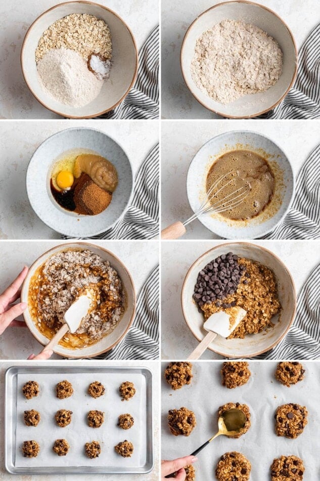 Collage of 8 photos showing the steps to make Healthy Oatmeal Chocolate Chip Cookies: mixing the batter and then flattening the cookie dough balls on a cookie sheet to bake.