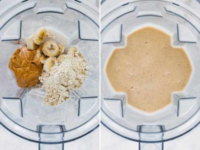 Side by side photo of ingredients for a peanut butter protein shake before and after being blended.
