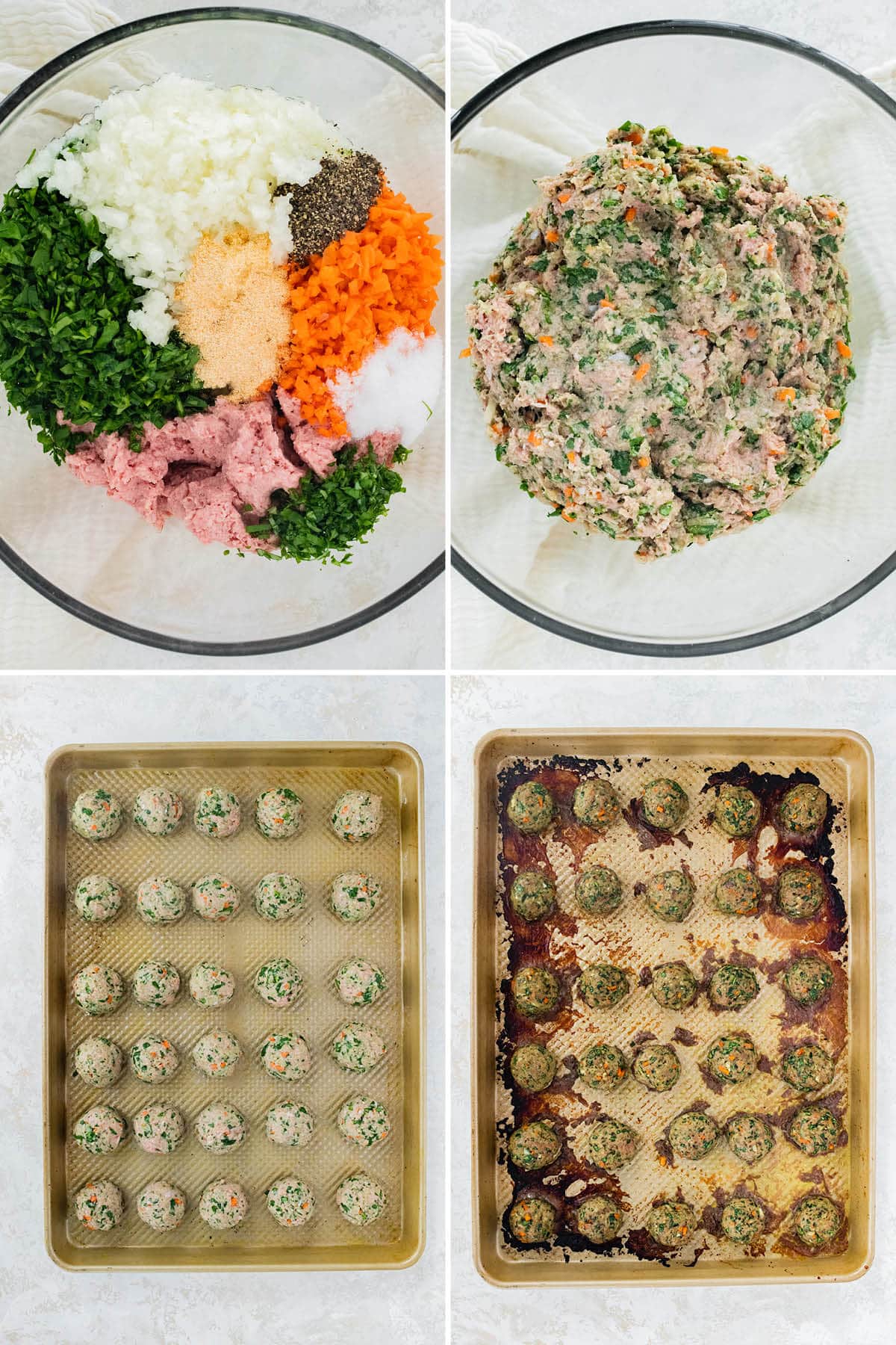 Collage of four photos showing the steps to make Turkey Spinach Meatballs mixing ground turkey with veggies, rolling into meatballs on a baking pan and then baking the meatballs.
