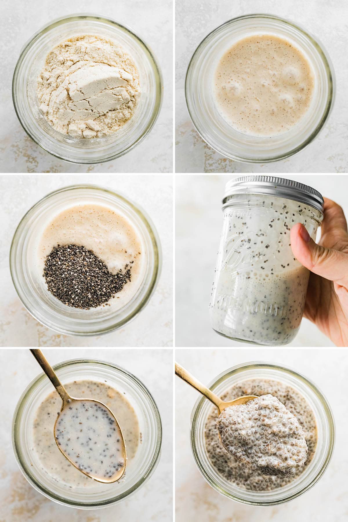 Six photos showing the steps to make Protein Chia Pudding: stirring the milk, protein powder and chia seeds together. Then two photos show how the chia seeds thicken up.
