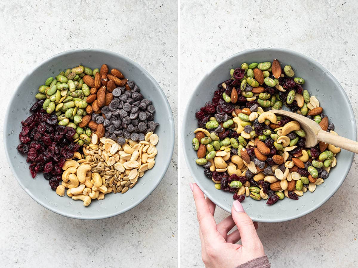 Side my side photo of the ingredients getting mixed together in a bowl to make Protein Trail Mix.