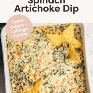 Spinach artichoke dip served with tortilla chips.